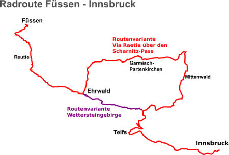 Karte Radroute Füssen - Innsbruck